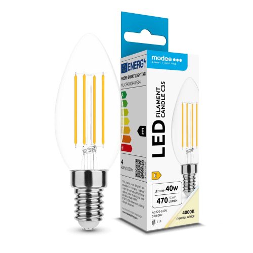 Modee 4W Filament Gyertya LED izzó E14 Napfény fehér - 5 év garancia